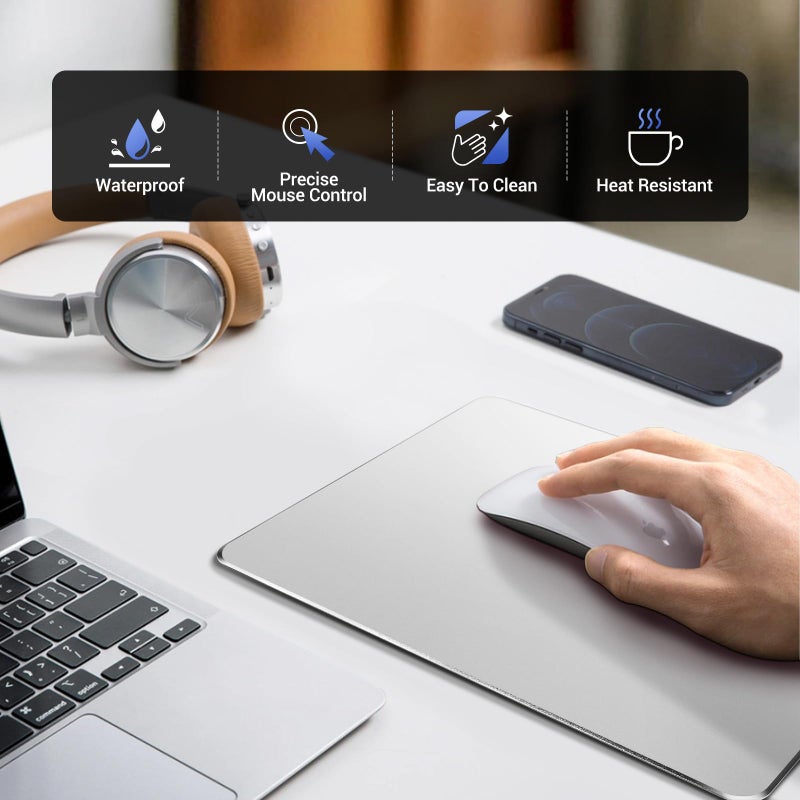 HONKID لوحة ماوس معدنية من الألومنيوم من HONKID للمكتب والألعاب، حصيرة ماوس صلبة رفيعة مزدوجة الجوانب مقاومة للماء وتحكم سريع ودقيق للكمبيوتر المحمول والكمبيوتر الشخصي، 9.45 × 7.87 بوصة، فضي - Image 2